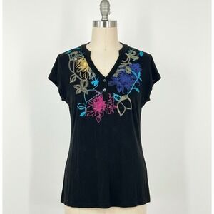 Chicos Travelers Floral Embroidered Henley Top Black Size 2 US large